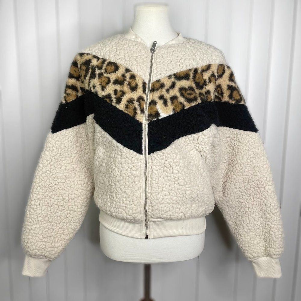 Express Leopard Print Sherpa Zip Up Sweater Jacket Size Small